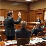 Courtroom scene with a lawyer raising his hand in objection