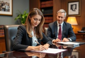 What is a Legal Engagement Letter? Well dressed woman sitting at a desk signing an engagement letter, with lawyer overseeing in the background.