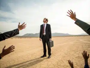 Legal Desert image of an attorney in a desert with hands and arms reaching out to him