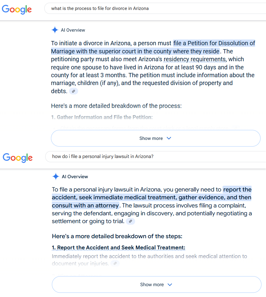 AI legal search results
